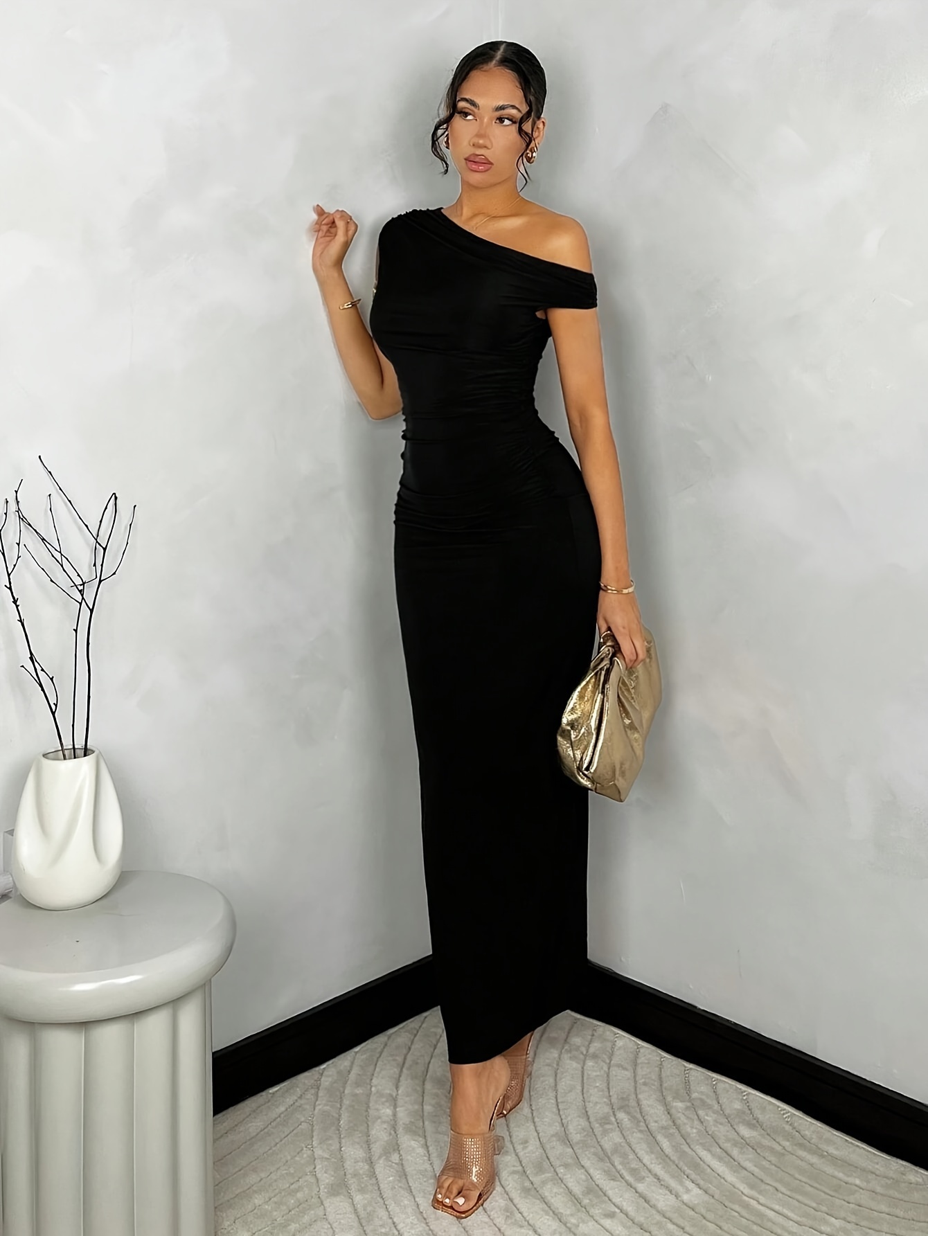 womens solid asymmetrical neckline ruched bodycon dress - Temu