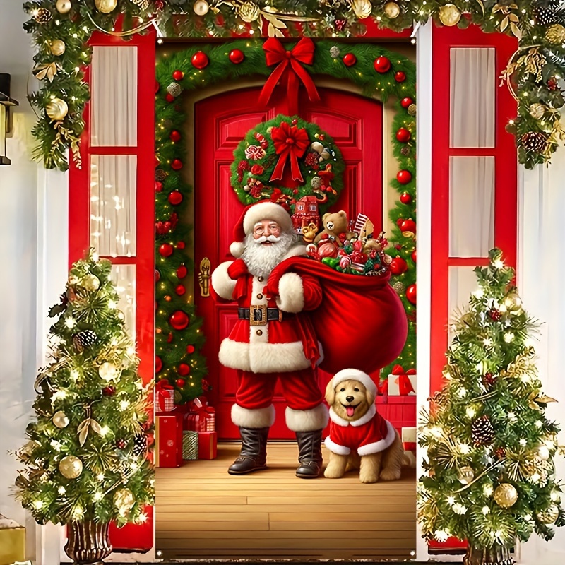 

Santa Claus & Dog Christmas Door Cover - Polyester Merry Christmas Banner, 70x35" Wall Backdrop For Festive Home Decor