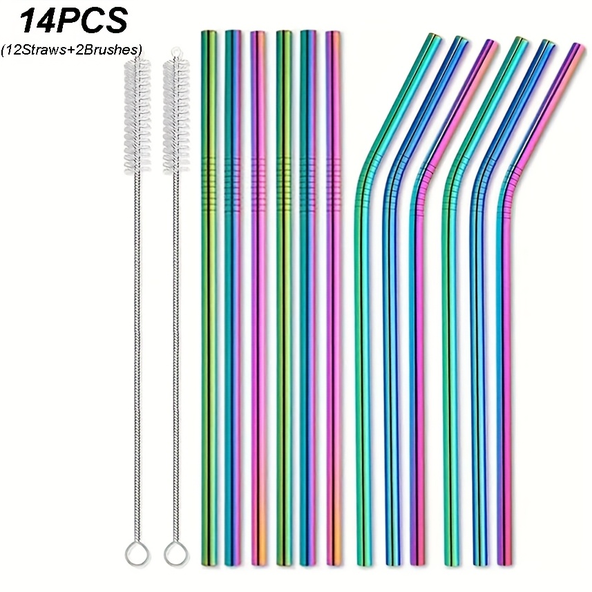 Image of 7/14/28pcs Rainbow , 21.5 Cm Stainless Steel Straws With Cleaning Brush, 500 Ml Mug, Suitable For Iced Tea/cold Drinks With Bent Straws, Dishwasher Safe