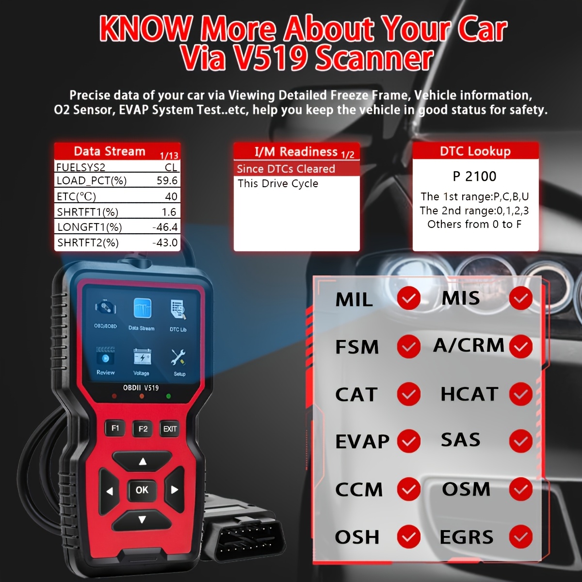 professional car scanner diagnostic tool suitable for reading vehicle codes clearing fault codes 35901 trouble code library real time oxygen sensor tester battery voltage reading mode 6 8 detection Product details 2