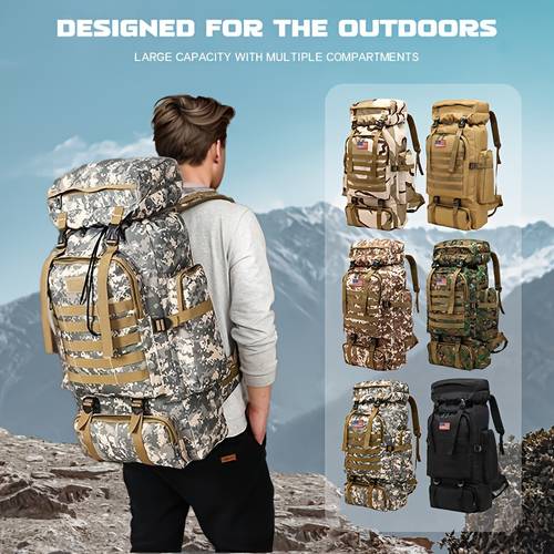 75l camouflage backpack for men designed for hunting hiking and camping featuring a rain cover and made from durable 600d material