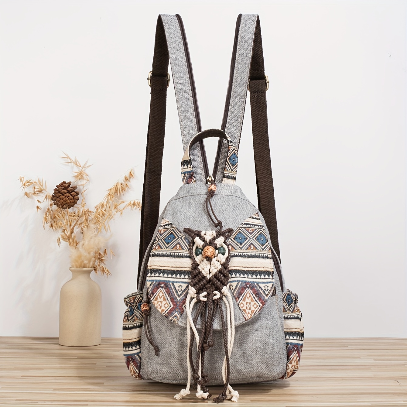 Cut Bohemian Ethnic Style Premium Gray Hand-woven Owl Vacation Casual Women's Backpack