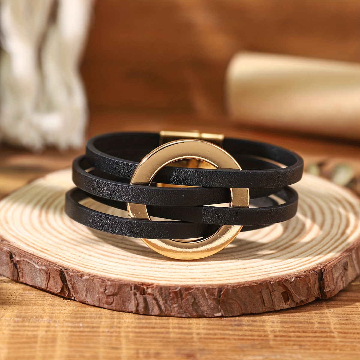 

Cross Pu Leather Circle Ring Magnetic Buckle Bracelet Female Simple Colorful Pu Leather Wrap Bangle