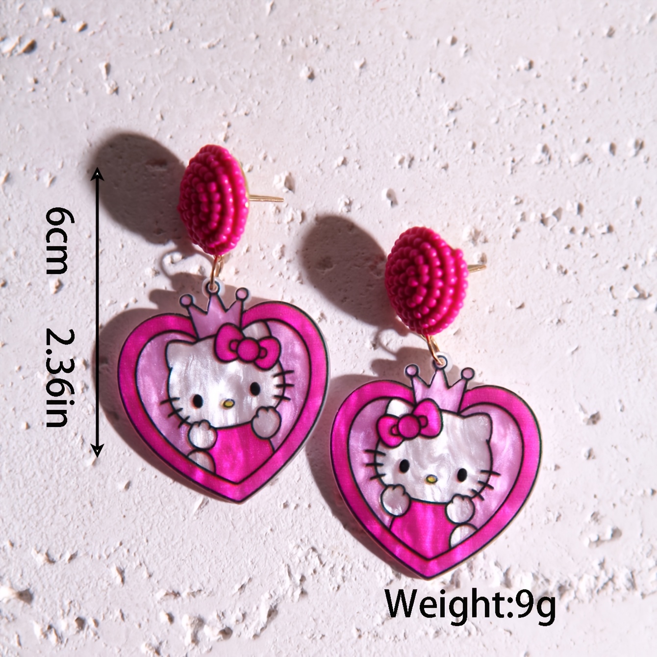 Handmade Glossy Resin Heart KT Cat Crown Drop Earrings