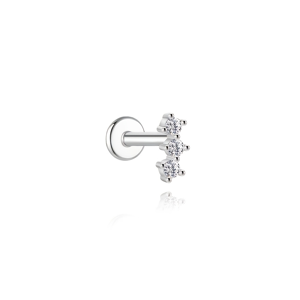 TEMU 2d Flat - Women's S925 Sterling Silver 3 Round 3 Stone Straight Flat Back Cartilage Earrings, Minimalist Wireless Earrings, Low Straight Row
