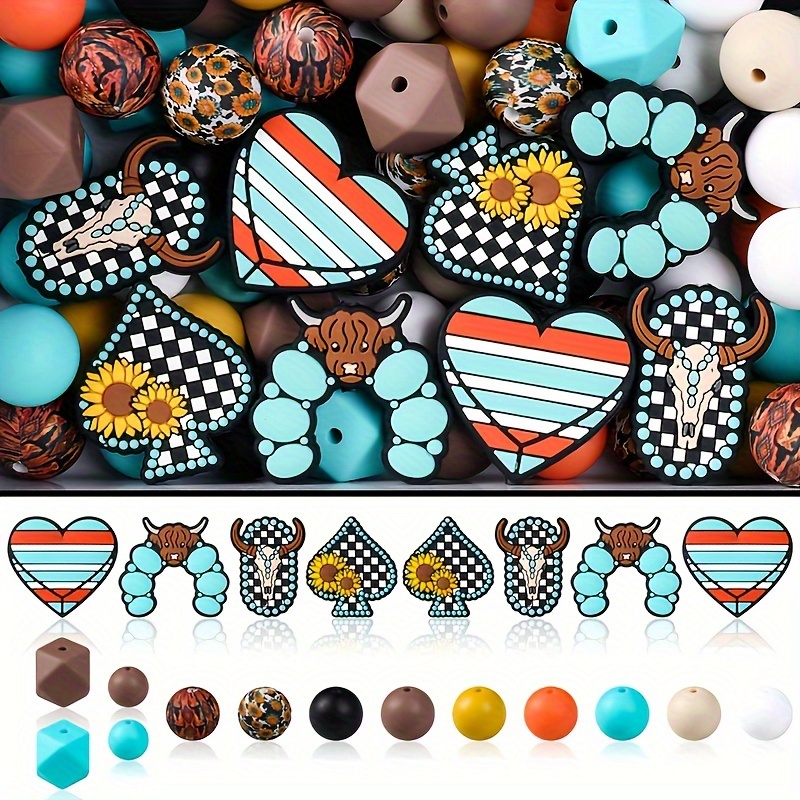 

94pcs Turquoise Highland Cow Sunflower Silicone Beads Set – Diy Jewelry Making Kit With Assorted Shapes & Designs For Crafts And Bracelet Necklace Creation