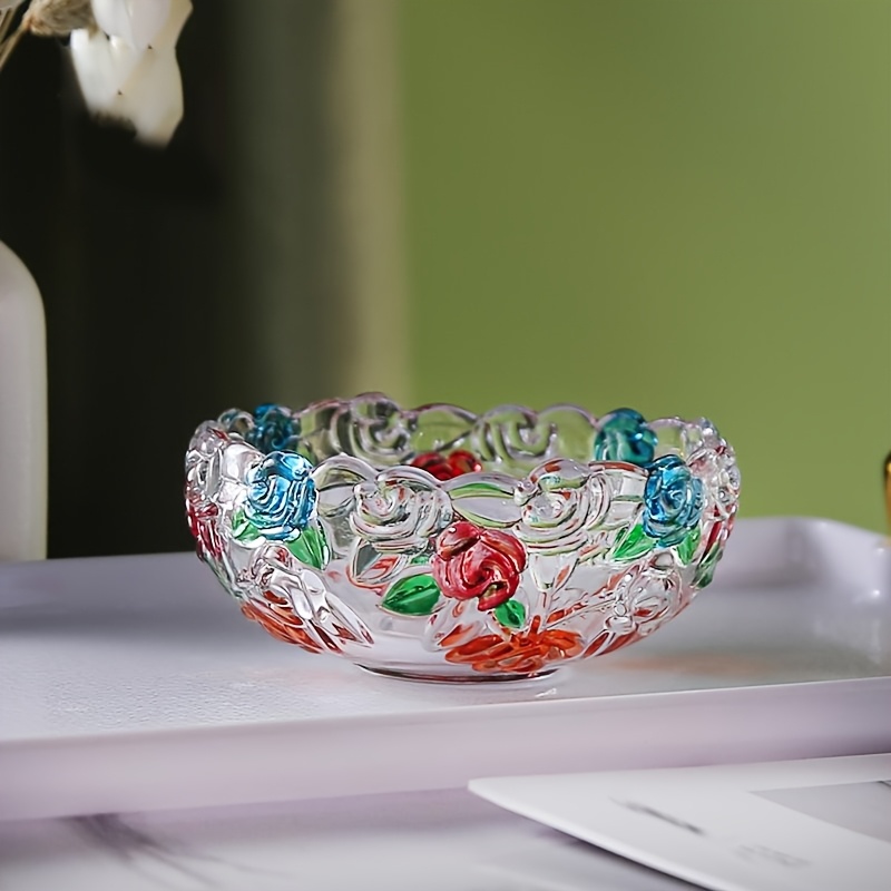 1pc Of New Rose Glass Bowl, Painted Relief Snack Bowl, Breakfast Bowl, Salad Bowl, Creative Fruit Plate