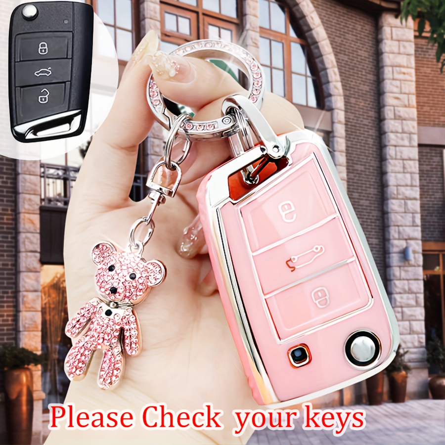

Car Key Fob Cover With Artificial Diamond Bear Keychain, Key Case Shell For Volkswagen For For Santana For Sagitar For Lavida For For Golf For Tayron Gifts