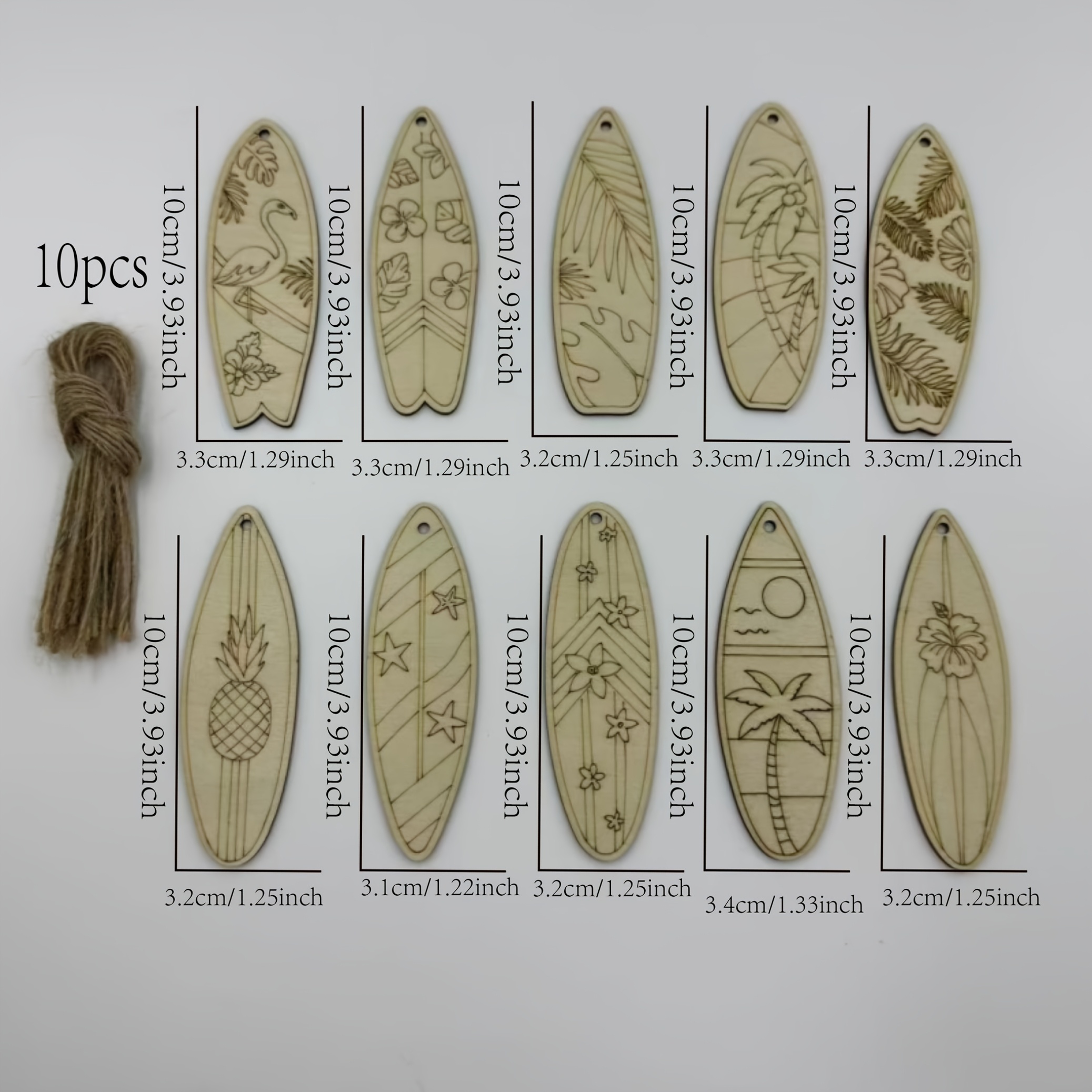 Image of 10pcs Summer Hawaiian Surfboard Shaped Wooden Ornaments With Jute Rope, Matching Summer Elements, Suitable For Home, Summer Beach Party Decorations