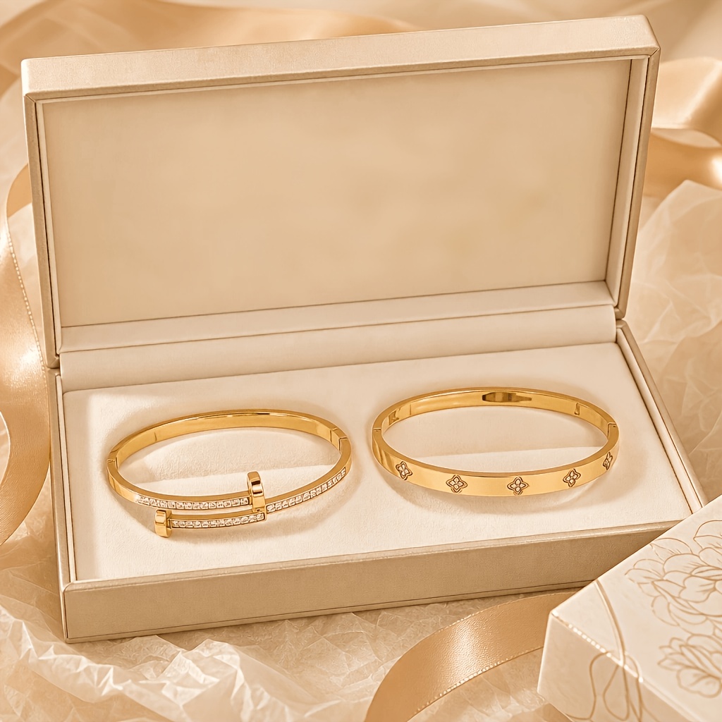 TEMU 2pcs Elegant 18k Golden Plated Women' Steel Bangle Set, Stackable Bangles, Cubic Zirconia Inlaid, Fashionable Design Women's Jewelry Set,