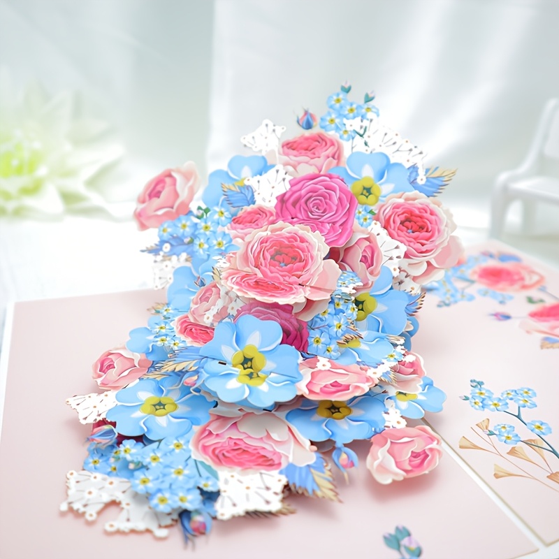 

3d Pop-up Floral Greeting Card, Multi- Paper Craft Card With Bouquet Design, For Birthday, Anniversary, Thank You, With Note & Envelope For All Recipients