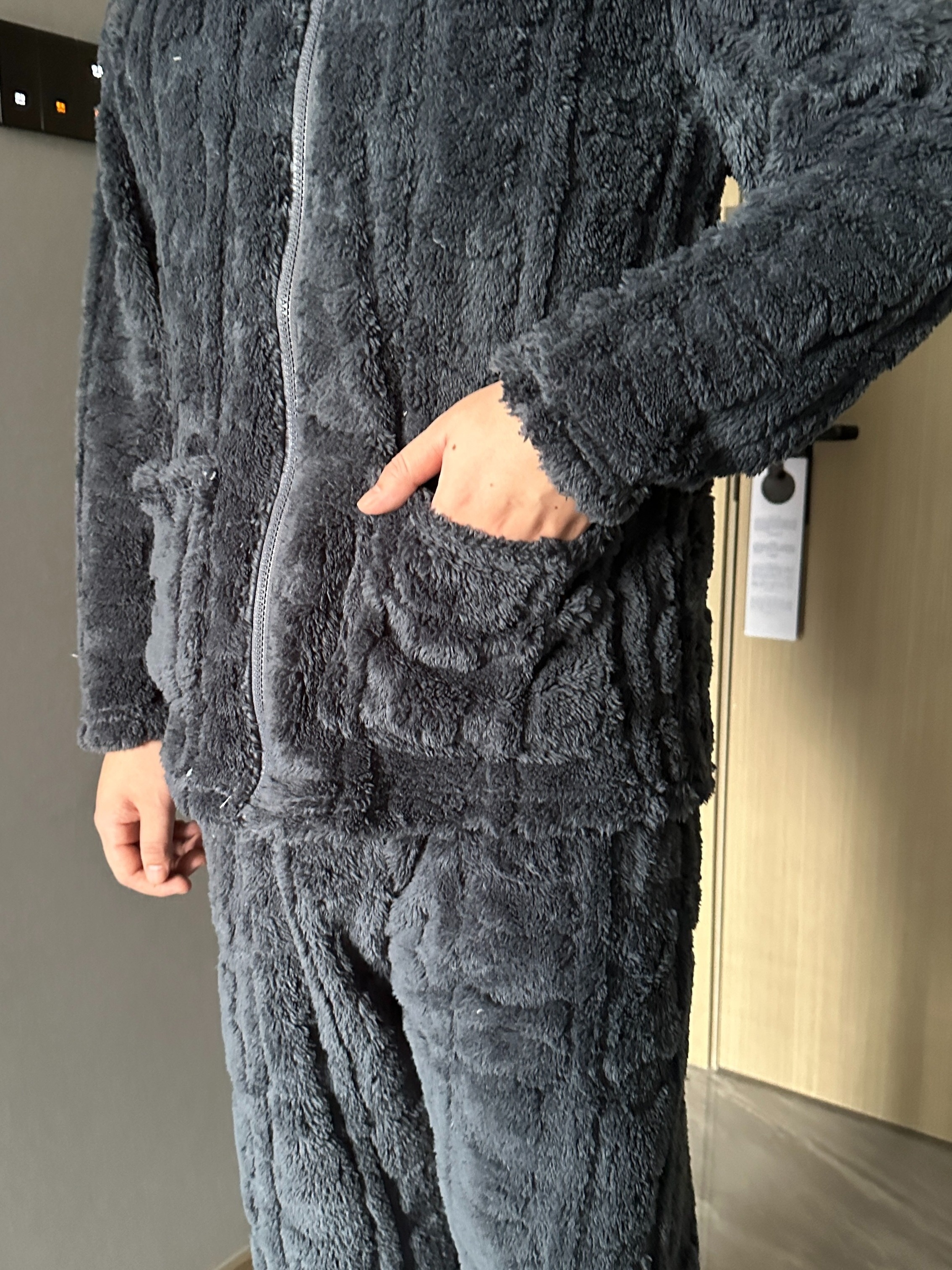 mens cozy fleece pajama set warm thick zip jacket pants fall - Main Image