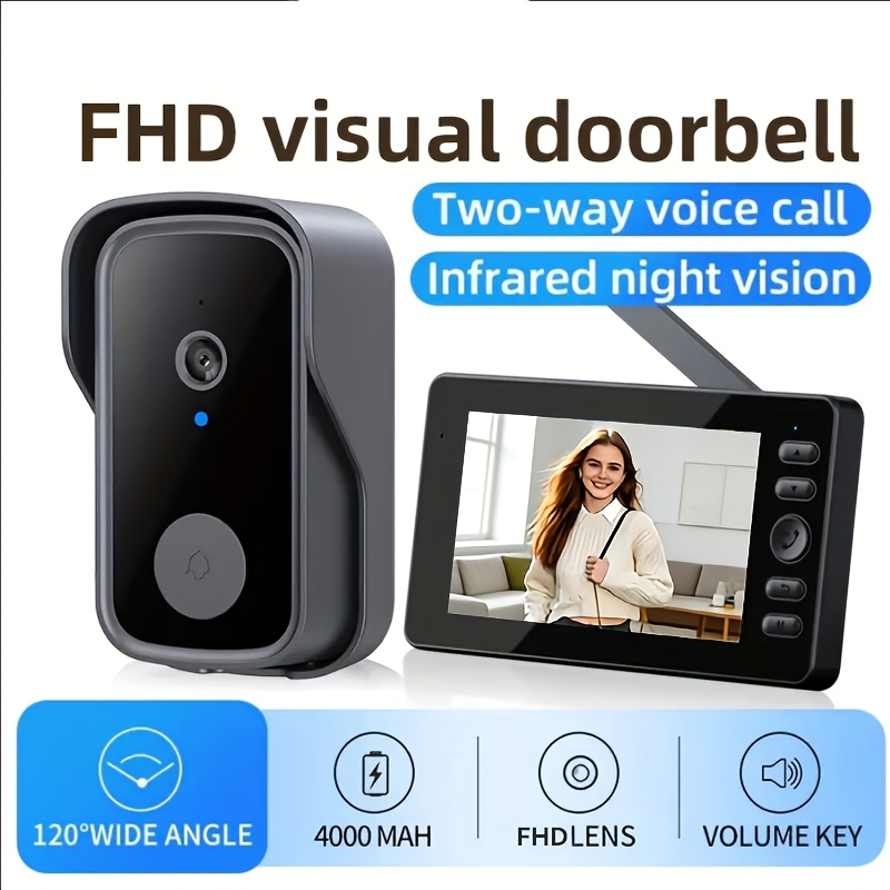 Image of Wireless Video Doorbell Camera - 1296p Fhd Smart Doorbell With 4.3-inch Ips Screen, Long , Audio, /no Wifi, Visual Doorbell For Villa, House, Office, Apartment