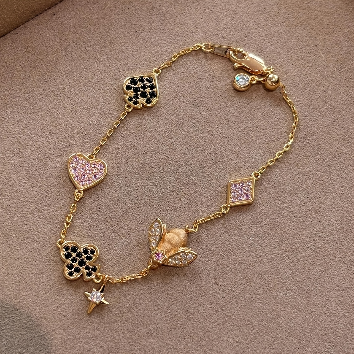 TEMU 1pc; Copper; Size: 20cm; Vintage-style Cubic Synthetic Zirconia Golden Brushed Poker Card Bracelet For Women. Vintage Fashion Luxury Exquisite