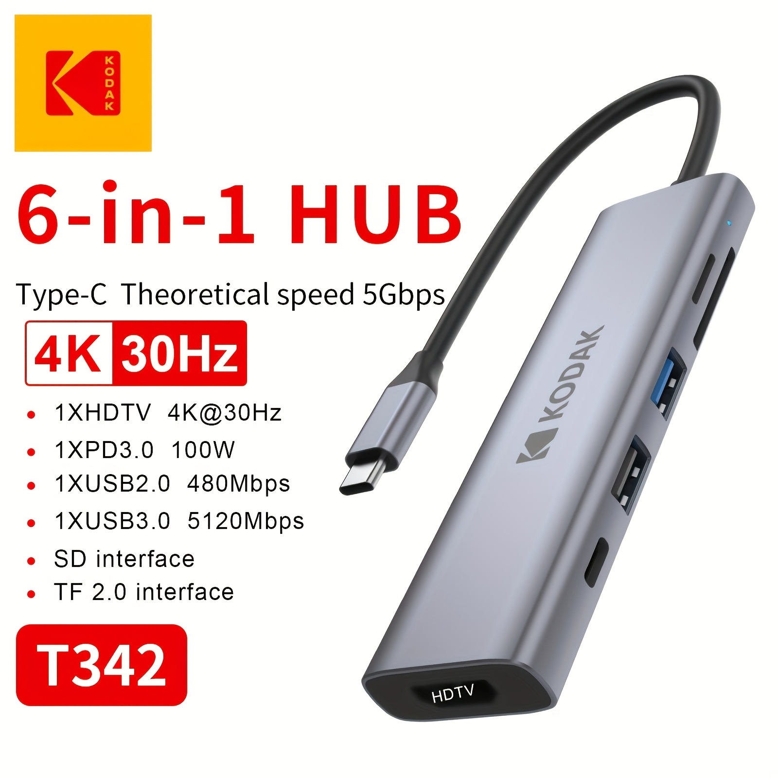 Image of Kodak 6-in-1 Usb Type-c To Hdtv Adapter , 4k@, Pd Fast Charging, Usb 3.0, Tf/sd Card Reader, Converter For Macbook Laptop