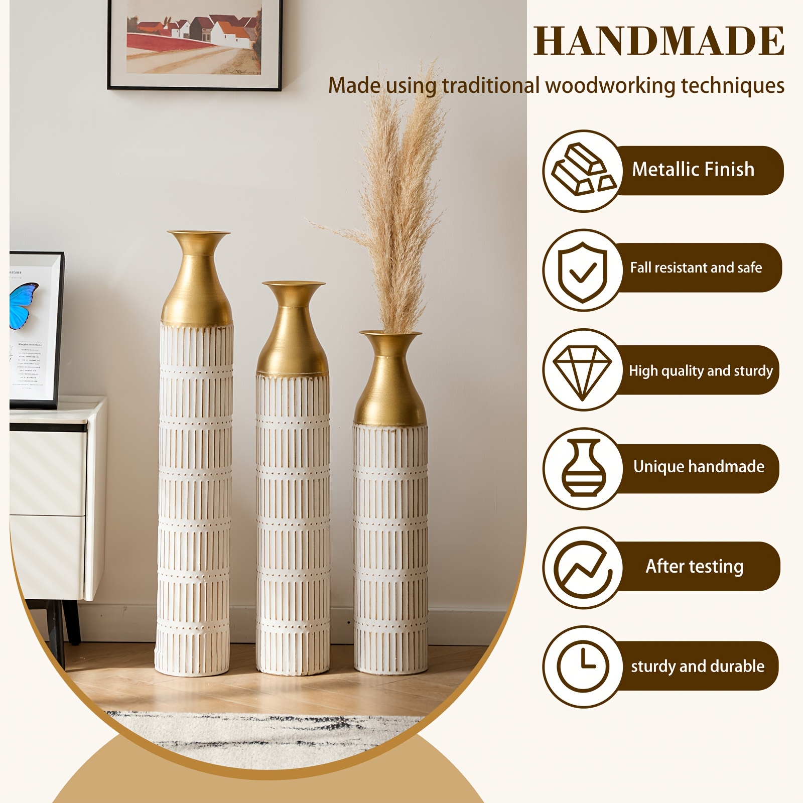 Modern Metal Floor Vase Set - 3pcs Golden & White Striped Decor