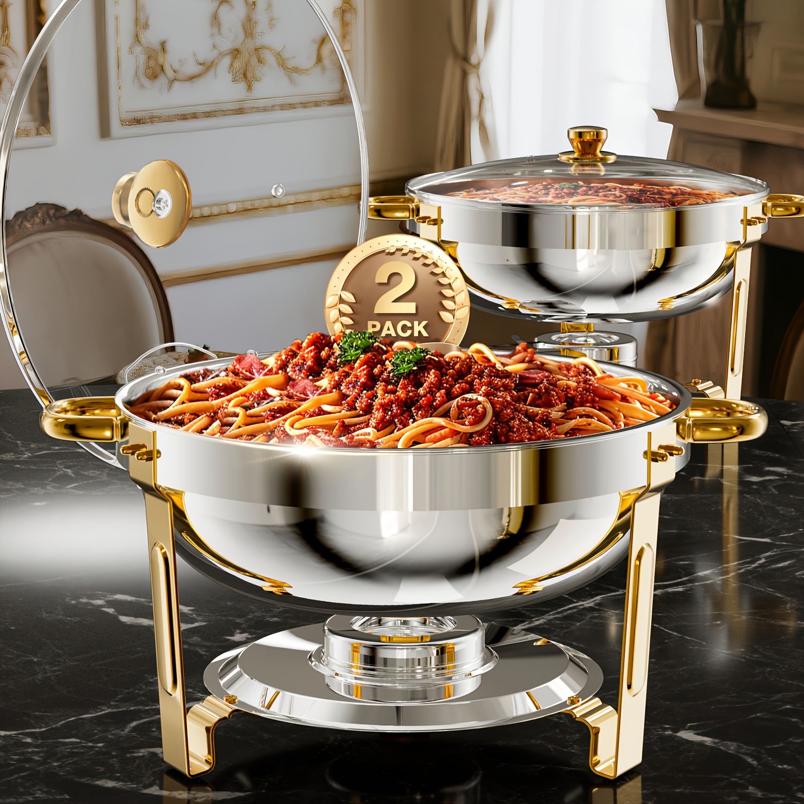 TEMU Golden Chafing Dish Buffet Set With Glass Lid 5 Quart 2/4 Pack Round Mirror Polished Stainless Steel Rolled Edge Stackable With Lid Holder For