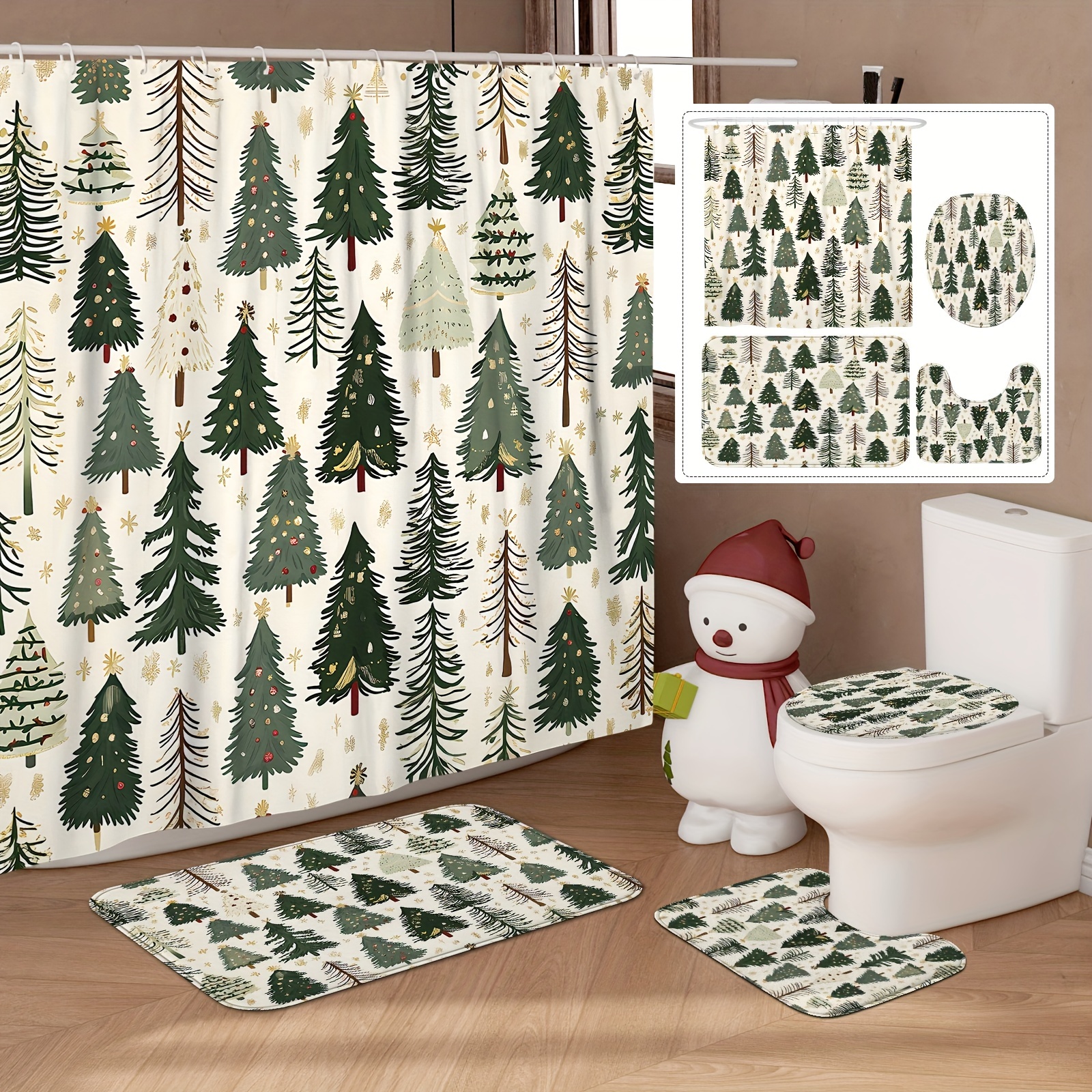 

1/4pcs Christmas Winter Shower Curtain Set Brown Shower Curtain Waterproof Polyester Washable For Holiday Bathroom Shower Home Decor Ornaments With12hooks Non-slip Bath Mat Toilet Lid Cover Mat