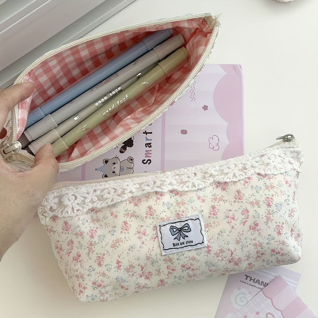 Image of 1pc Pink Floral Pencil Case - Large Capacity, Suitable As A Women's Cosmetic Bag. Features Lace Trim Design And Red Checkered Lining. Perfect For School, Travel, And Storage/organization