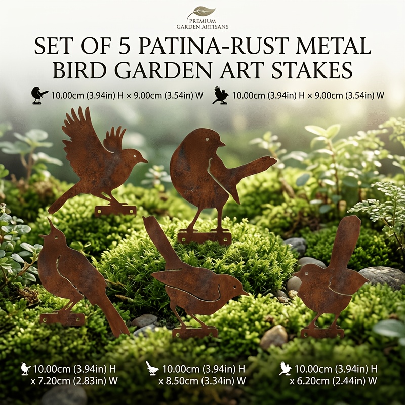 E-shop 【2.5D】 [2.5D] 5er-Set rostige Eisen Vogel Gartenplaketten, Retro-pastoraler Stil Metall Pflanzen Dekorplaketten, Hof Rasen Blumenbeet Dekorative