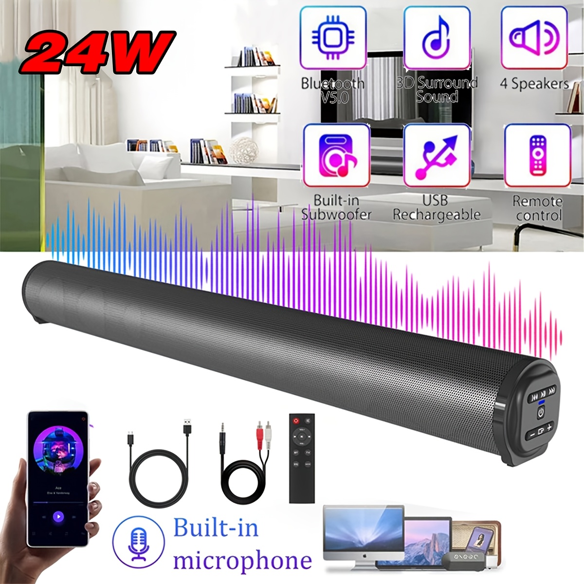 TEMU 24w Surround Soundbar .1 Surround Sound Bar Designed For Smart Tvs, Featuring A Powerful 4-speaker System Suitable For Bathroom Use - A Wireless