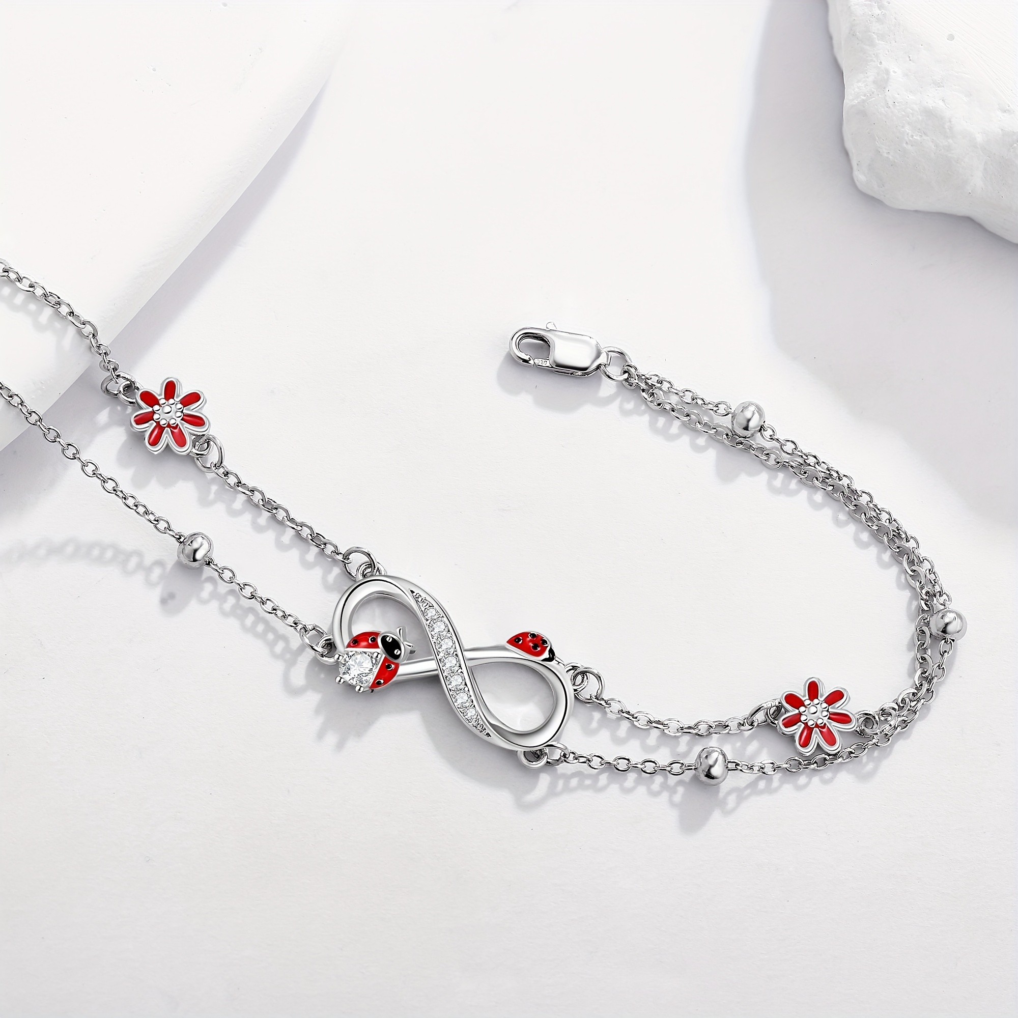 925 Silver Ladybug Infinity Bracelet Double Layered Chain