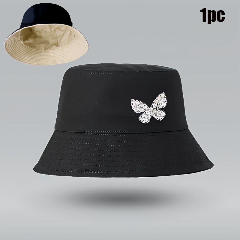 E-shop Modeversatiler Bucket Hat mit Strass-Schmetterlingsverzierungen, leichte Fischerkappe, handwaschbar - für Outdoor-Frauenreisen, täglichen