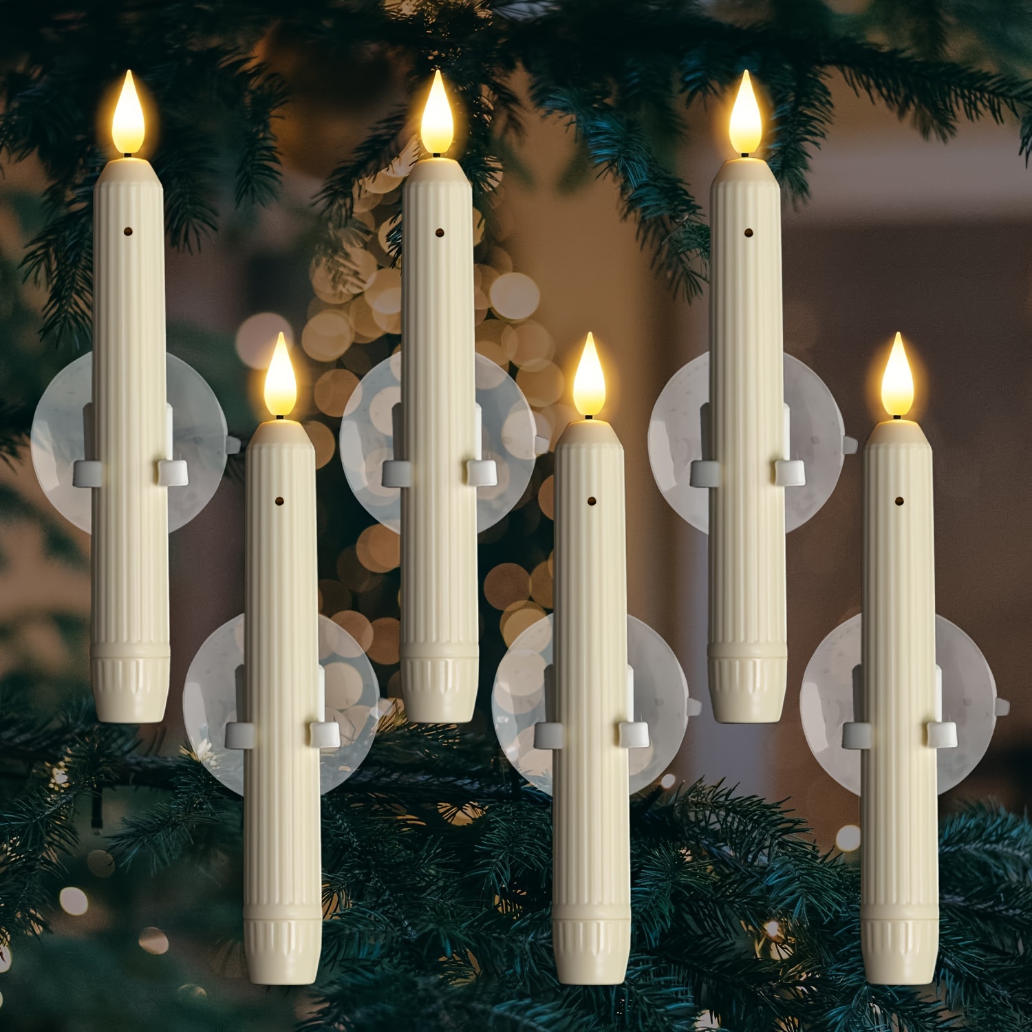 

6pcs Window Candles With Sensor , Ivory Stripped Candlesticks With Suction Cups, Battery Operated Roman Column Christmas Window Candles, Led Flameless Taper Candles For Window