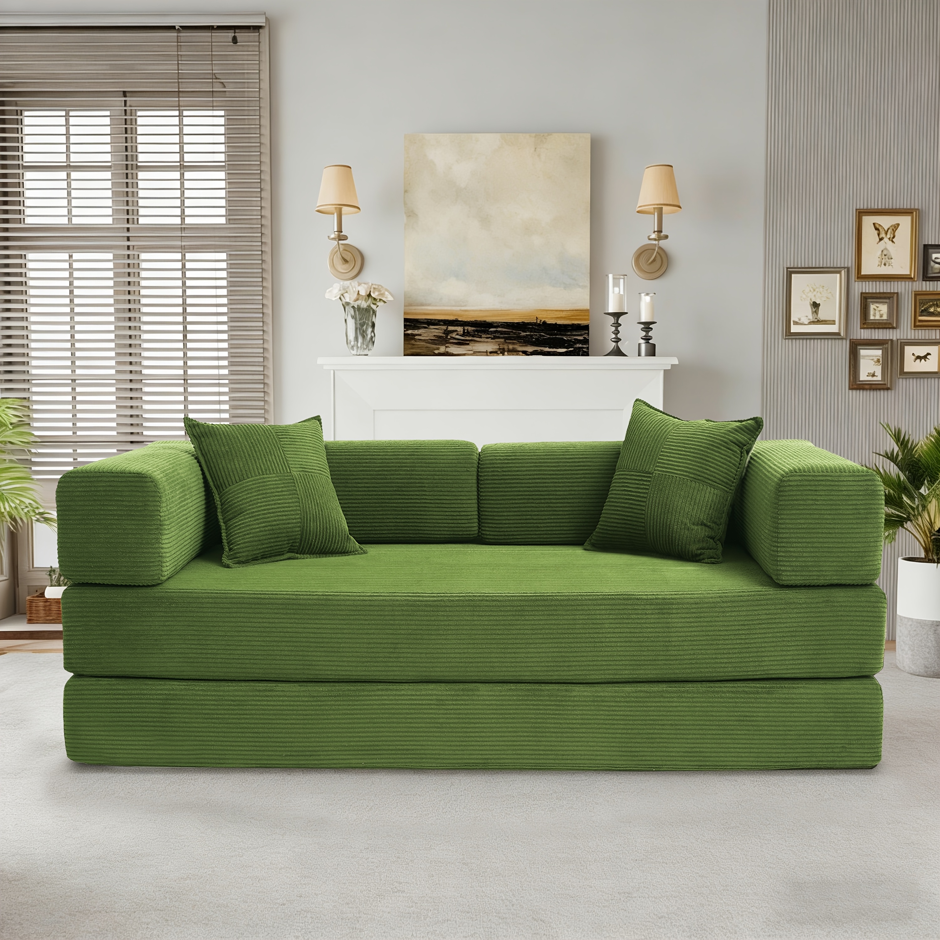 Convertible Sofa Bed For Adults, Corduroy 3-seater Folding Couch, Floor Lounge With Pillows, Compact Sleeper For Apartment, Home, Office, Dorm, Green, Gray, Orange, White