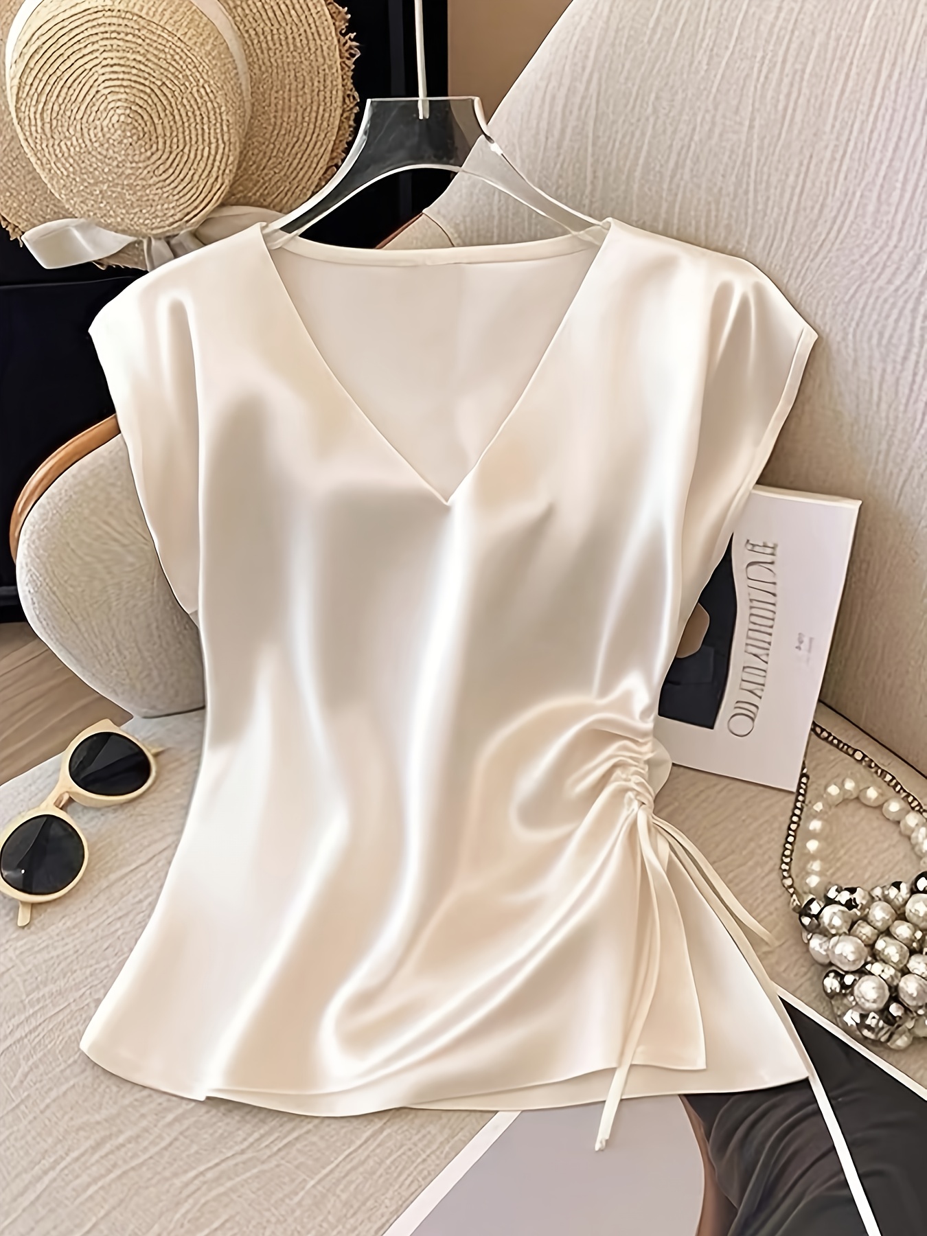blusa elegante plisada de   liso con cuello   para mujer