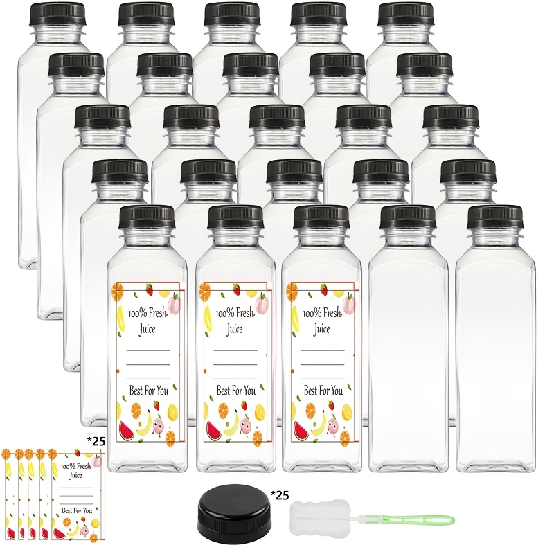 Image of 25 Pack 470ml Clear Plastic Bottles With Lids - Reusable Large Tumbler Juice & Smoothie Containers | Cold Drink Storage, Bulk Empty Bottles, Includes Funnel, Brush & Labels