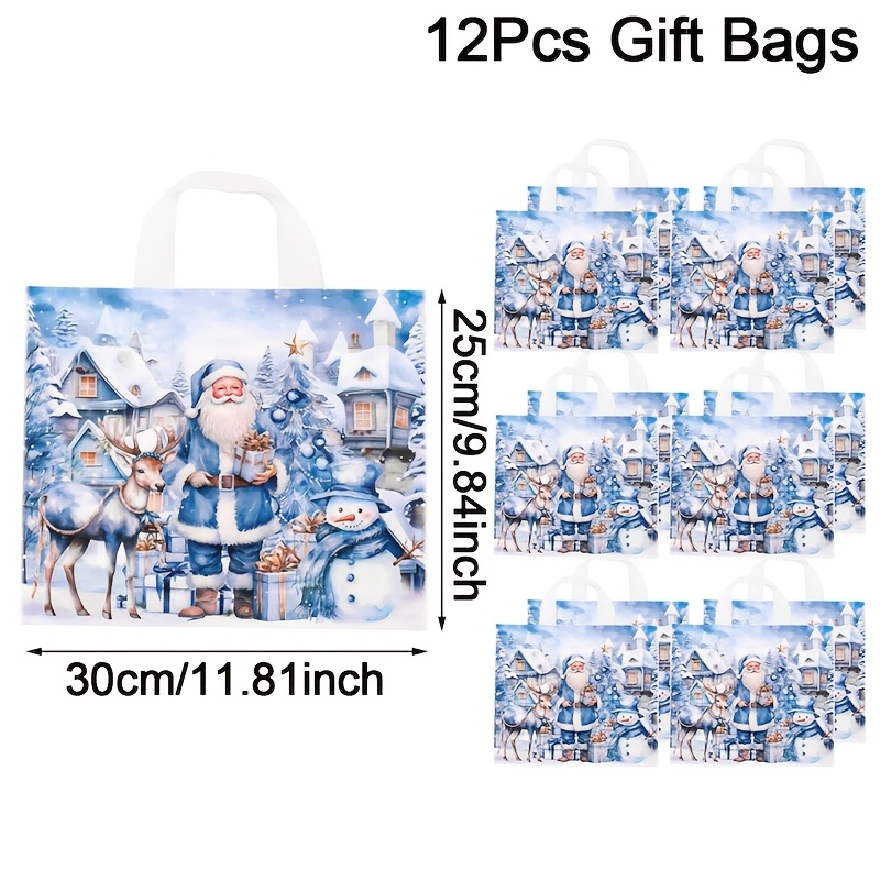 TEMU 12pcs Blue Christmas Gift Bags With Handle, Large 25*30cm Watercolor Santa Claus Snowman Designs Plastic Celebration Bags, Winter Wonderland