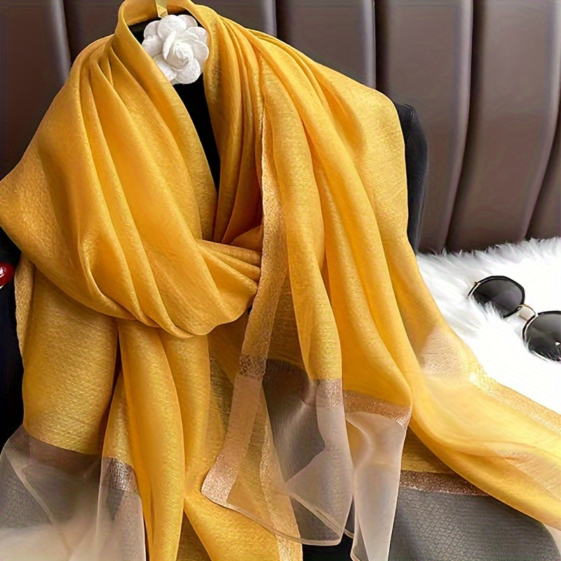 

1pc Solid Golden Yellow Scarf With Shimmering Edges, Spring/fall Polyester Sun Protection Warm Shawl, Fashion Versatile Casual Adult Daily Wear Accessory Gifts For Eid