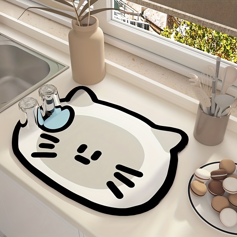 Image of 1pc Cute Cat-themed Dish Drying Pad, Washstand Cup Mat, Espresso Machine Countertop Pad, Absorbent Pad For Dishes & Cutlery, Perfect For Kitchen And Bathroom Accessories