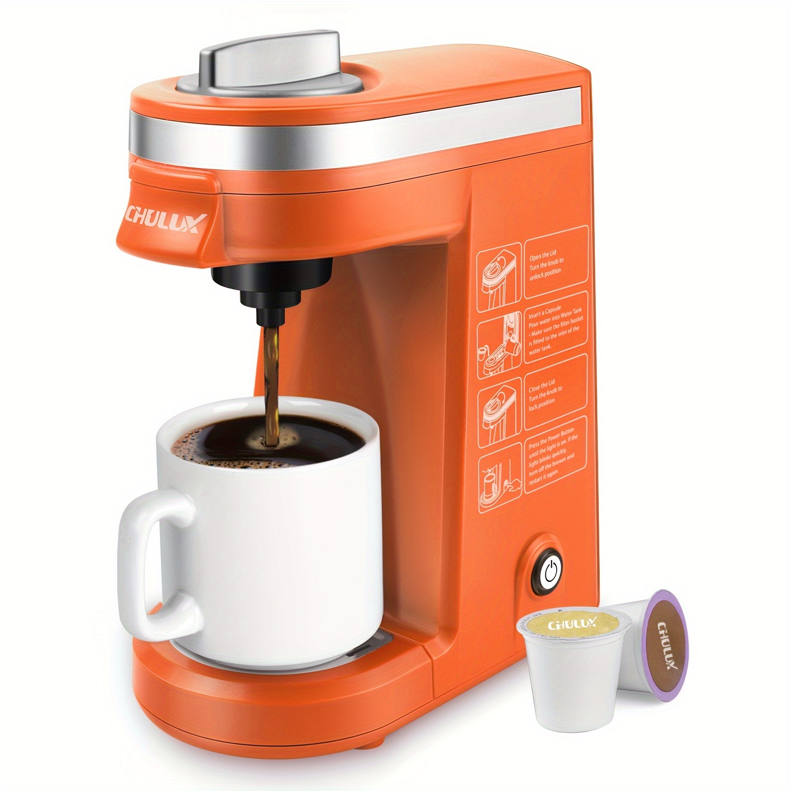 

1pc Chulux Classic Matte Single-serve Coffee Maker - K-cup, Tea, And Ground Coffee With 12oz Water Tank, Reusable Filter, And Fully Automatic Operation - 800w, 120v, Us Plug, Orange