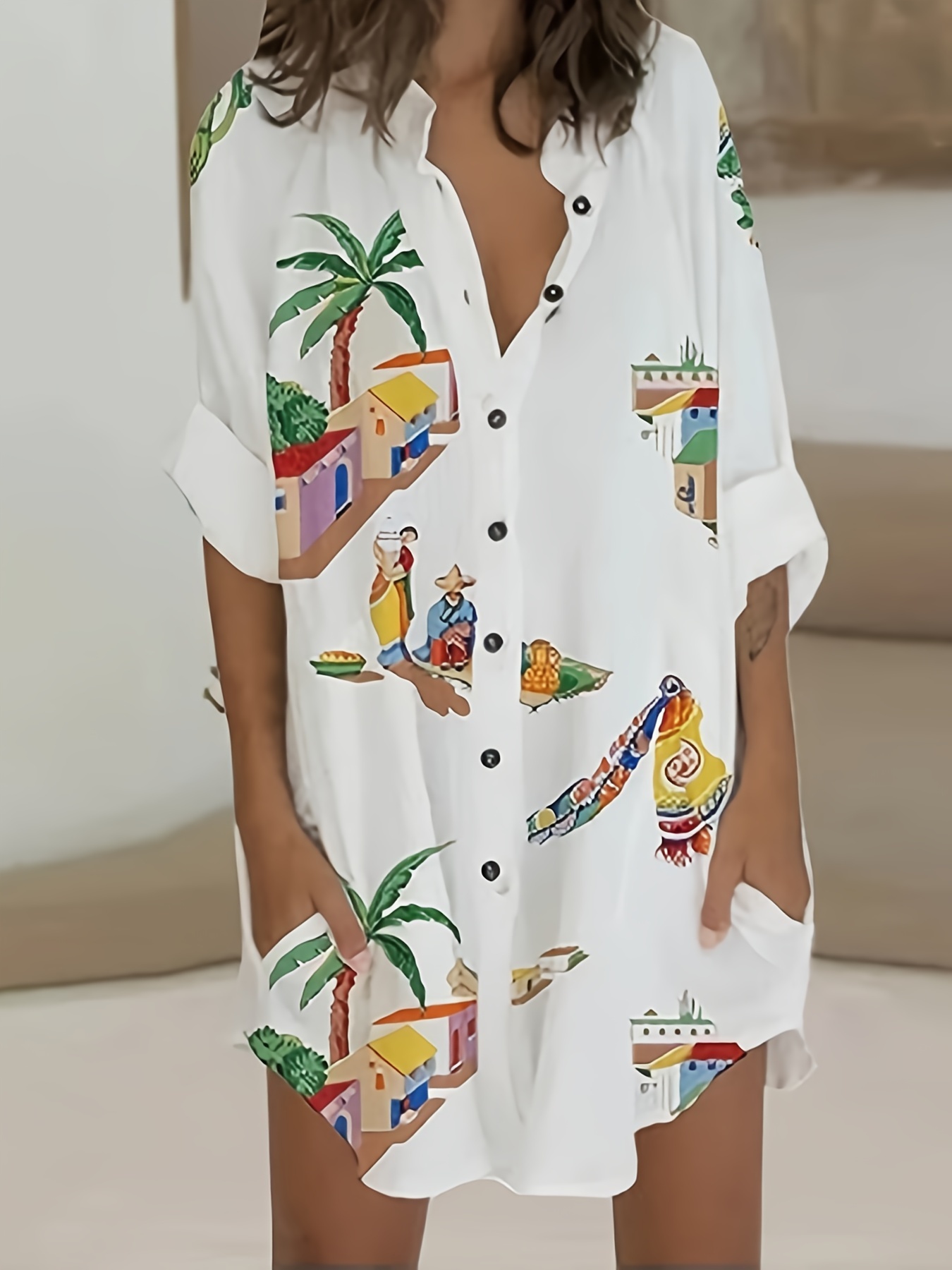 womens loose shirt dress button beach sunscreen roll sleeve shirt beachwear oversized shirt