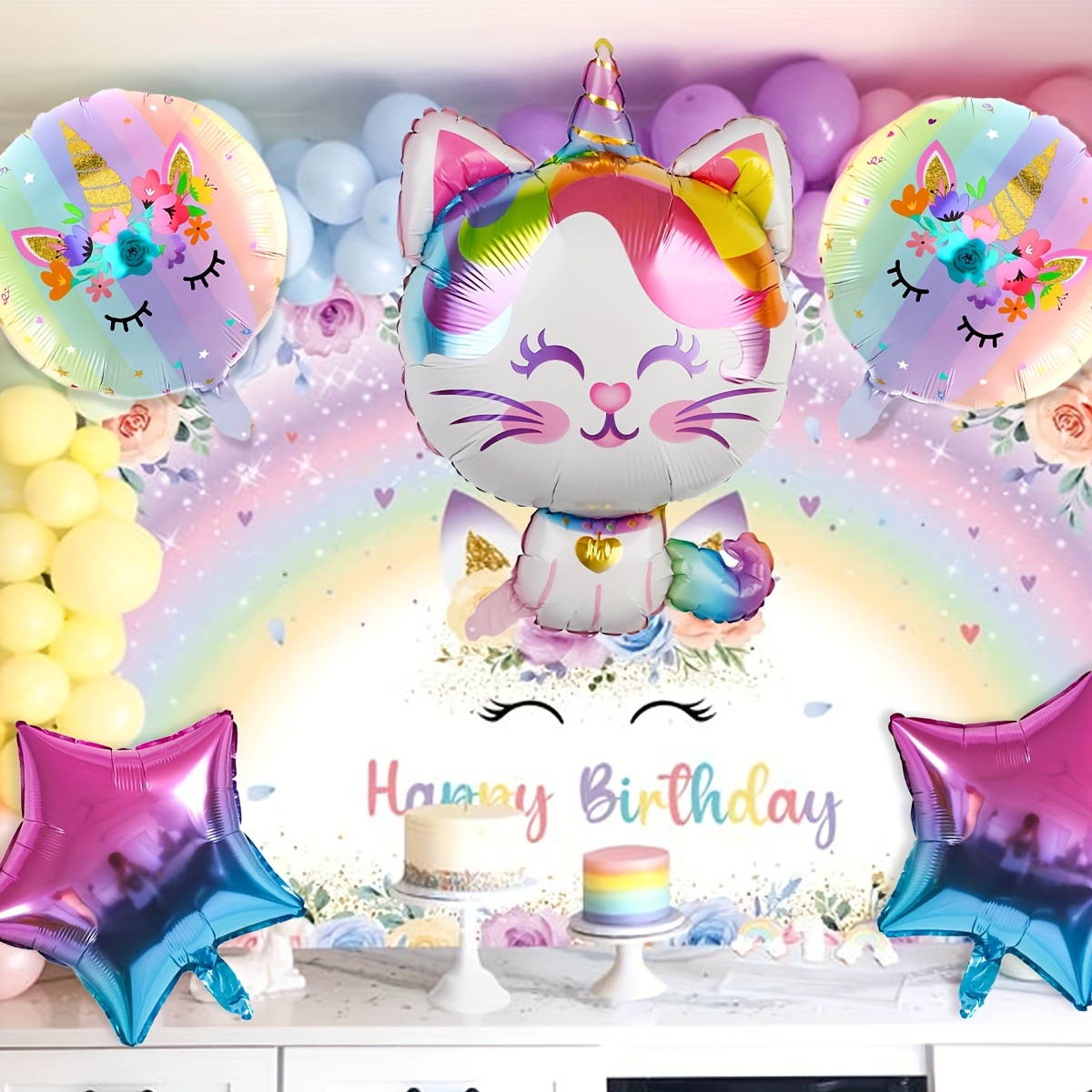 

5pcs Cat Balloon Set, With Gradient Color Round Ball, Pentagram, Love Foil Balloon, Suitable For Birthday Party, Cat Theme Party Decoration