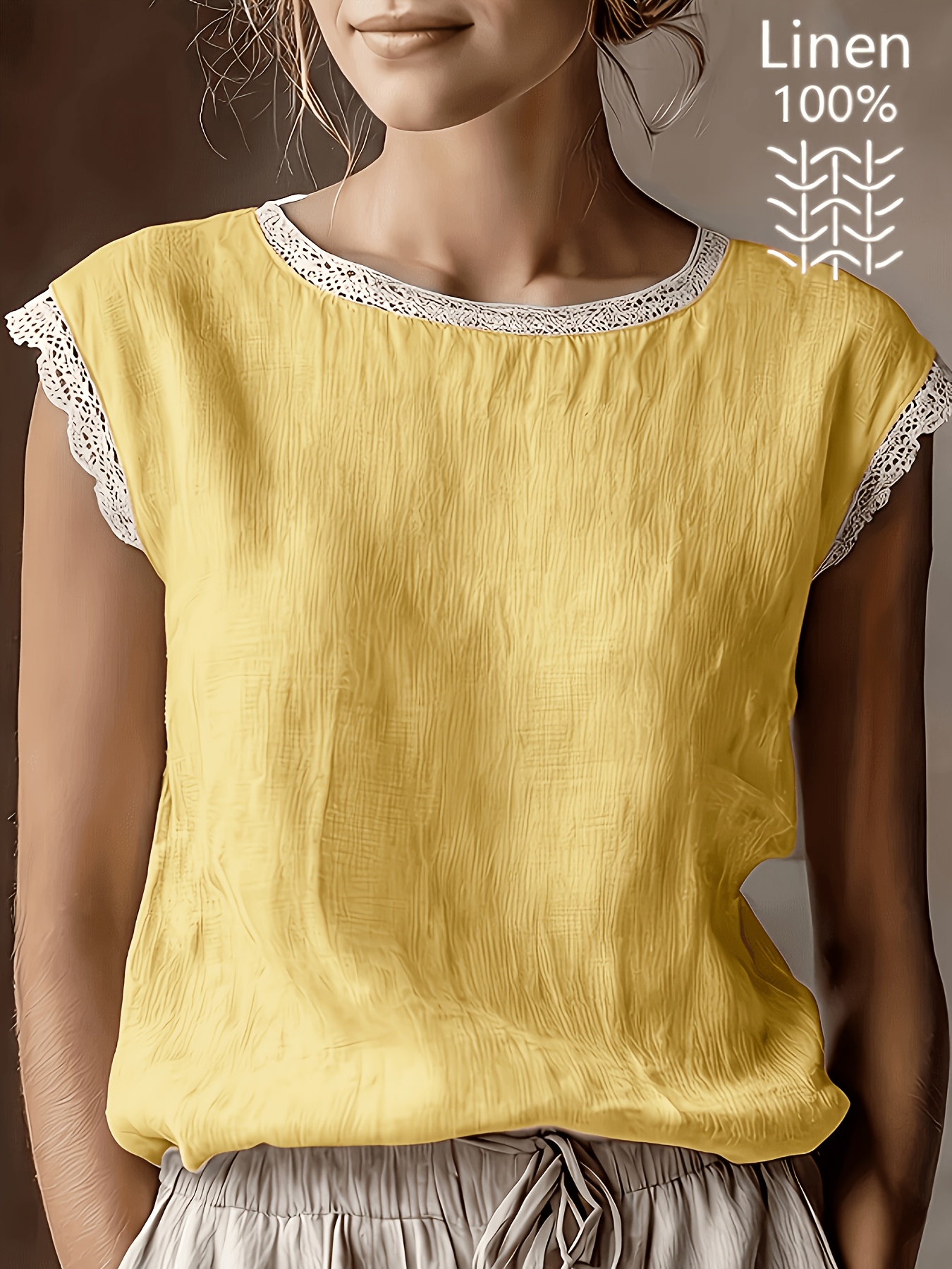 vintage style womens linen short sleeve top with lace   round neck loose fit summer breathable linen t shirt ytd