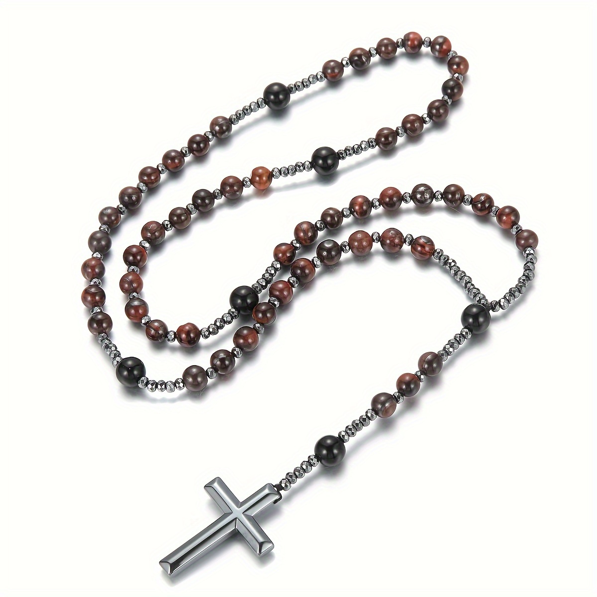 8mm Natural Stone Beads Cross Pendant Necklace