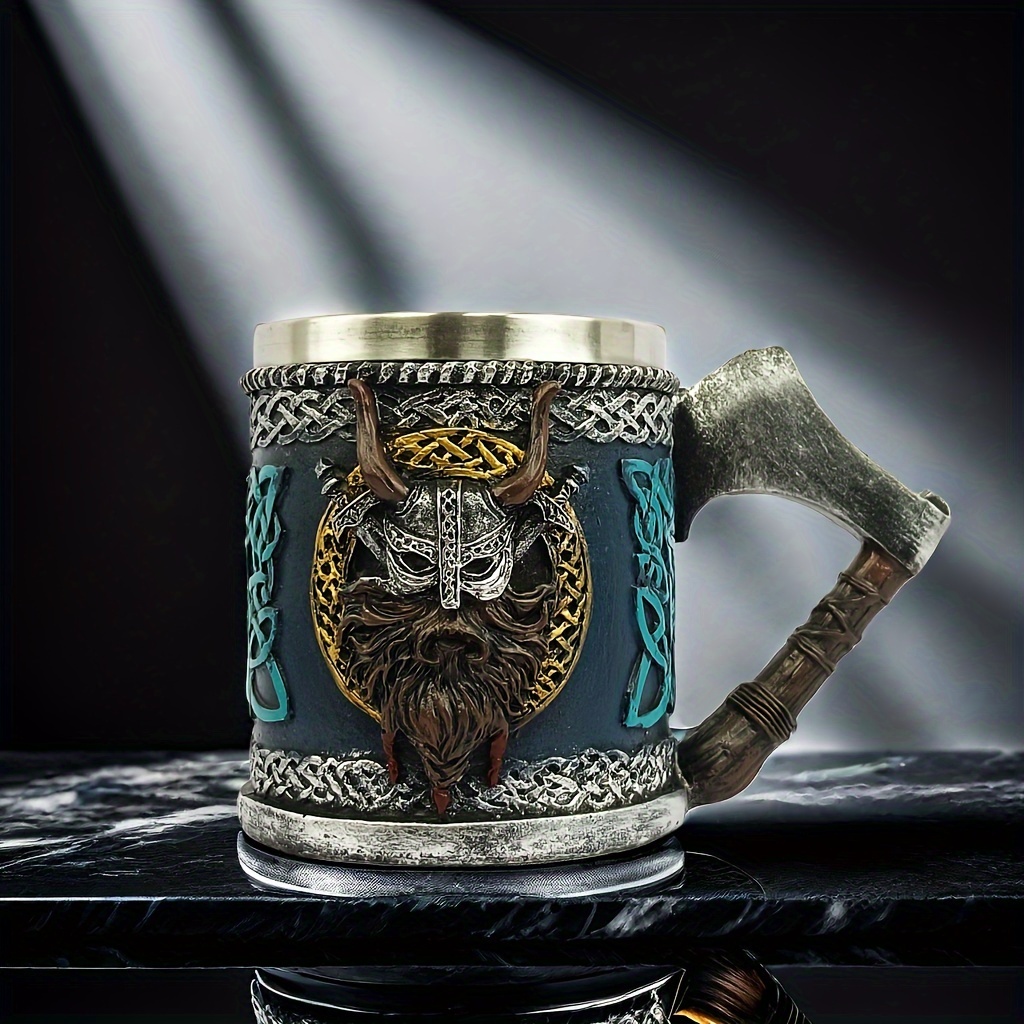 TEMU Viking Beer Mug With Design - 450ml Large Capacity 304 Stainless Steel Cup, Viking Horned Helmet & Logo, Ideal Gift For Men, Norse Themed Party