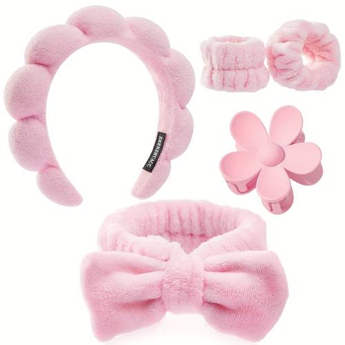5pcs spa headband skincare headbands flower claw clips set for women makeup terry cloth towel head band sponge make up hair band for girls face wash wristband large flowers hair clip set