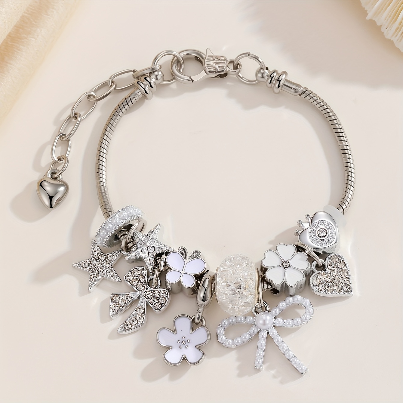 TEMU 1pc Fashion Women's Beaded Pendant Bracelet With Flower, Heart, , And Astronaut Charms For Diy Snake Chain Bracelet Making, Multi-