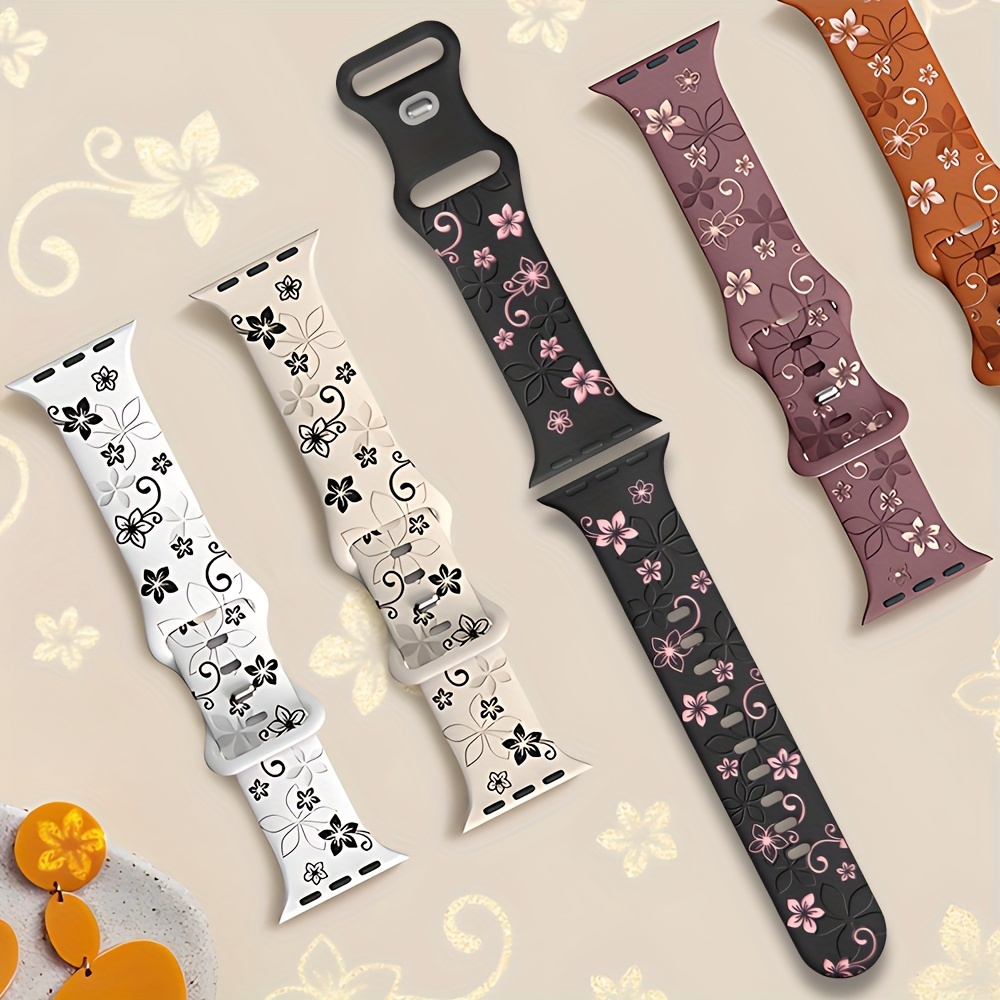 

Floral Engraved Bands For Apple Watch Band 41mm 40mm 44mm 45mm 42mm 38mm 49mm For Women, Cute Flower For Iwatch Bands Soft Silicone Sport Strap For Iwatch Series Se 6 5 4 3 2 1 Ultra