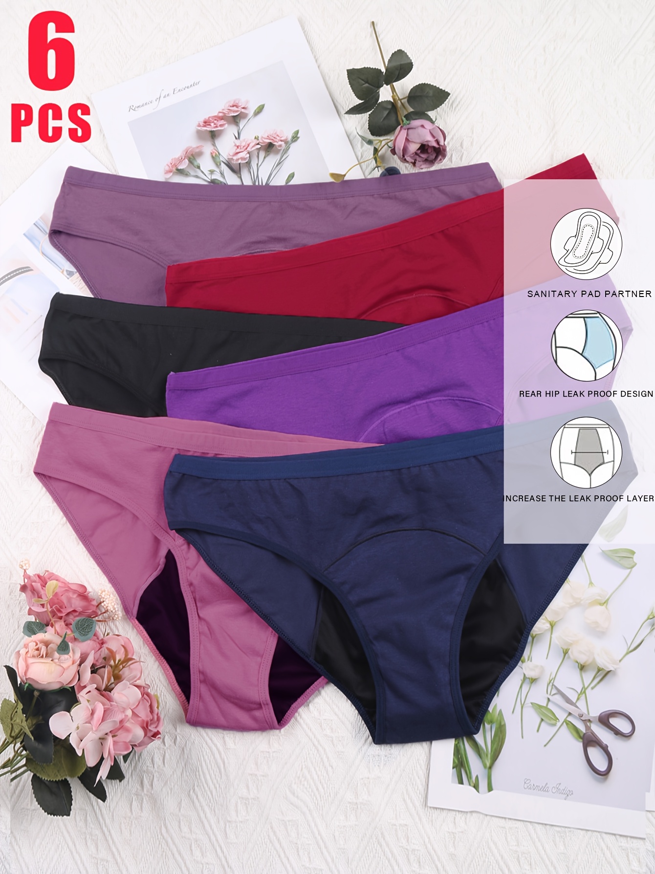 6 stück damen-menstruations-unterhosen - atmungsaktive, bequeme, voll abdeckende anti-leak-slips mit hygienetuch-partner und hinten leckfestem design, mittelhohe, einfarbige farben (pink, schwarz, lila, rot, navyblau) für die schutz der schwere  , menstruationsunterwäsche, elegante unterwäsche, leckfestes design 0