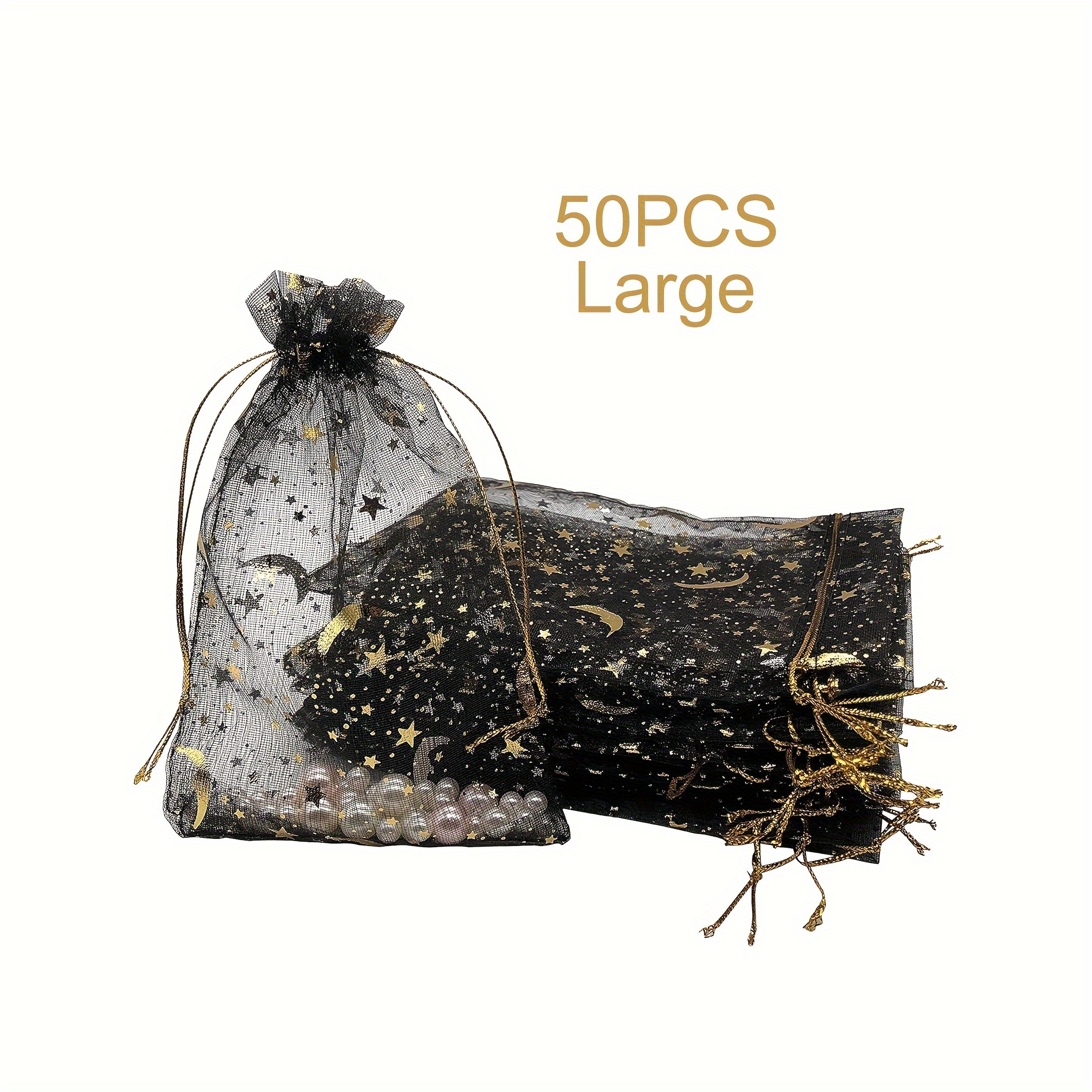 TEMU Cadeau pour elle/lui 50pcs Sacs en organza imprimé orchidée Bonbons Cadeau Étoiles et sac noir, Sacs cadeaux en filet d'organza pour Cosmétique,