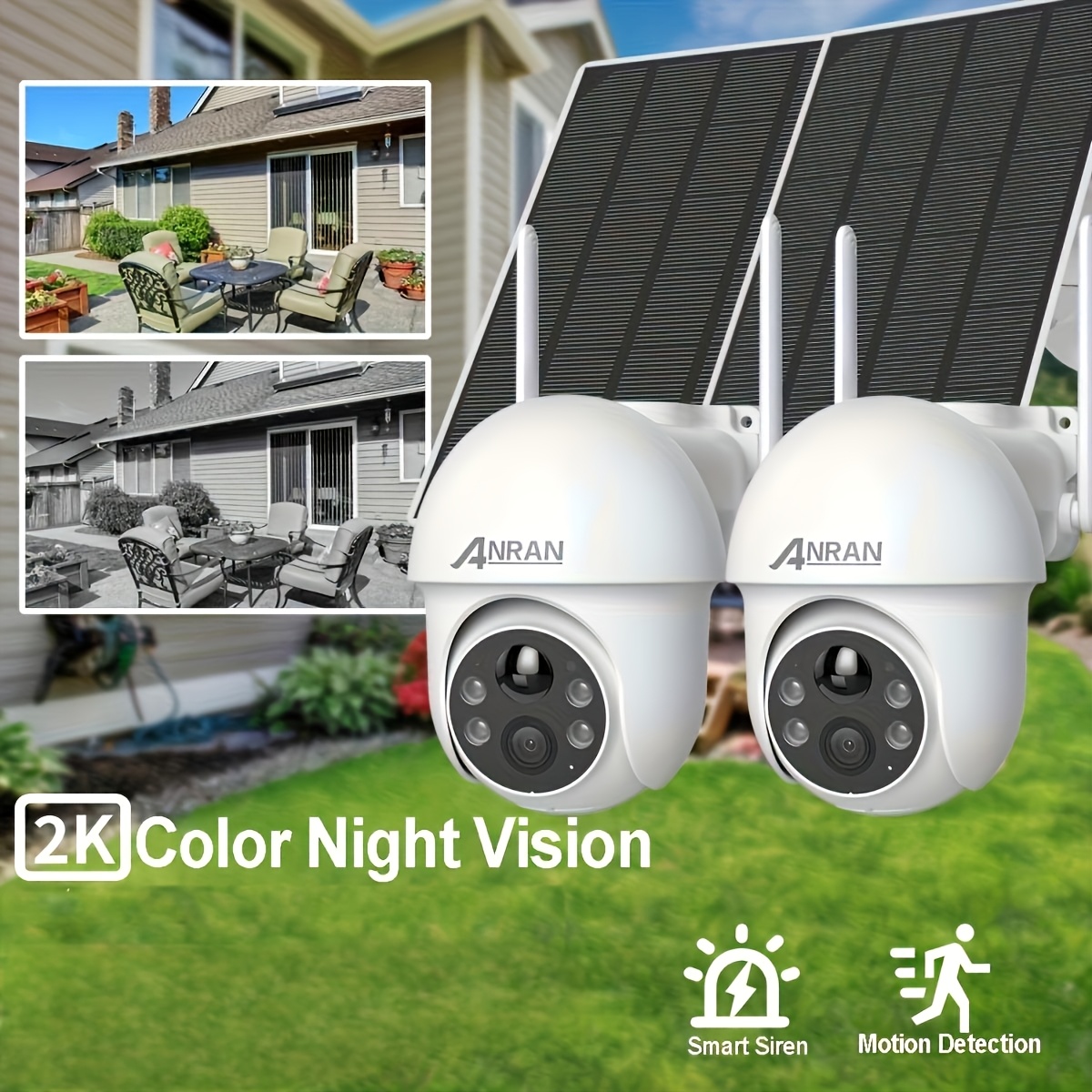2pcs Solar Outdoor Security Camera Anran 3mp Wireless, 355° Rotating Ptz Coverage, Pir Alerts, Battery Powered, 2 Way Audio, Color Night Vision