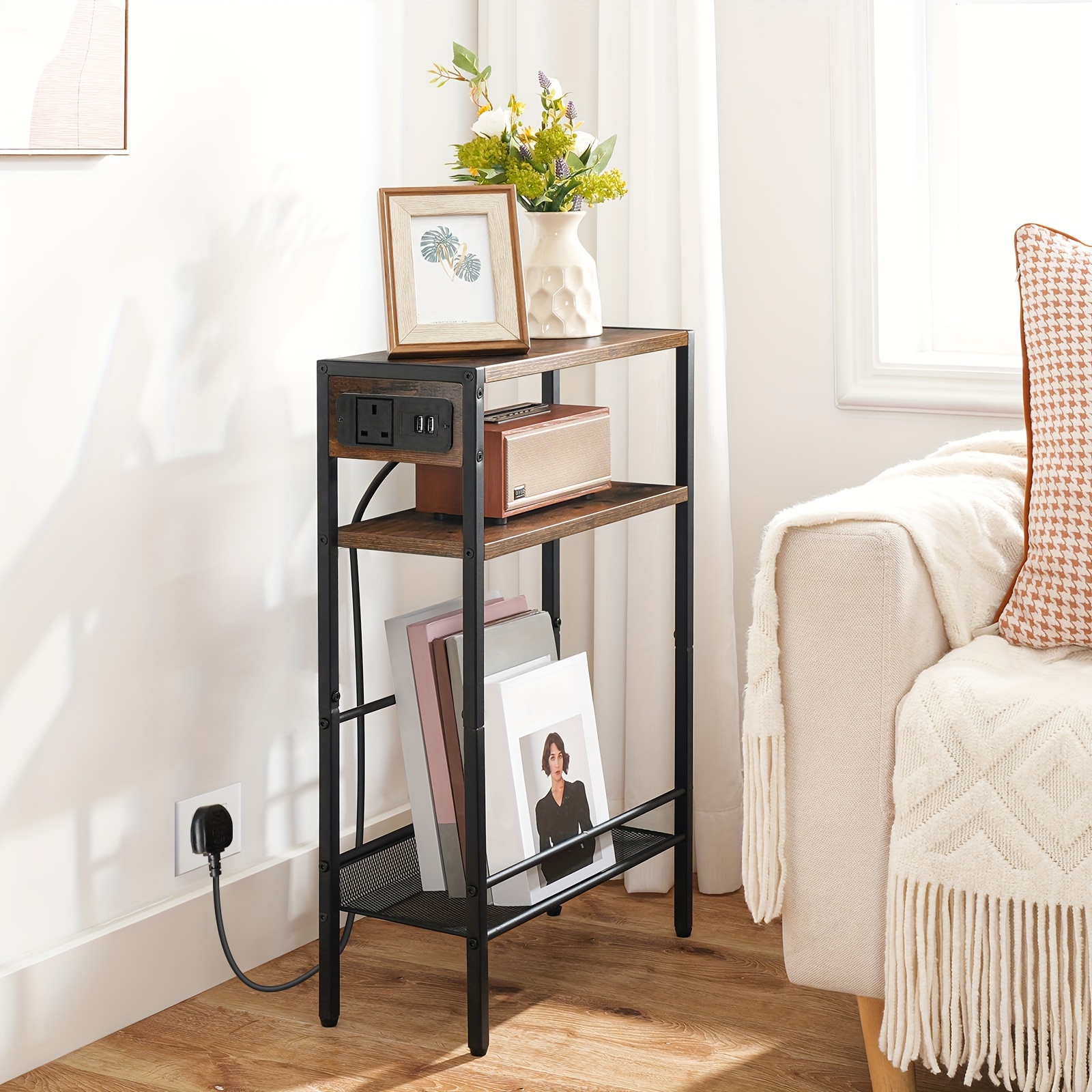 Slim Side Table with Charging Station, Narrow End Table for Small Spaces