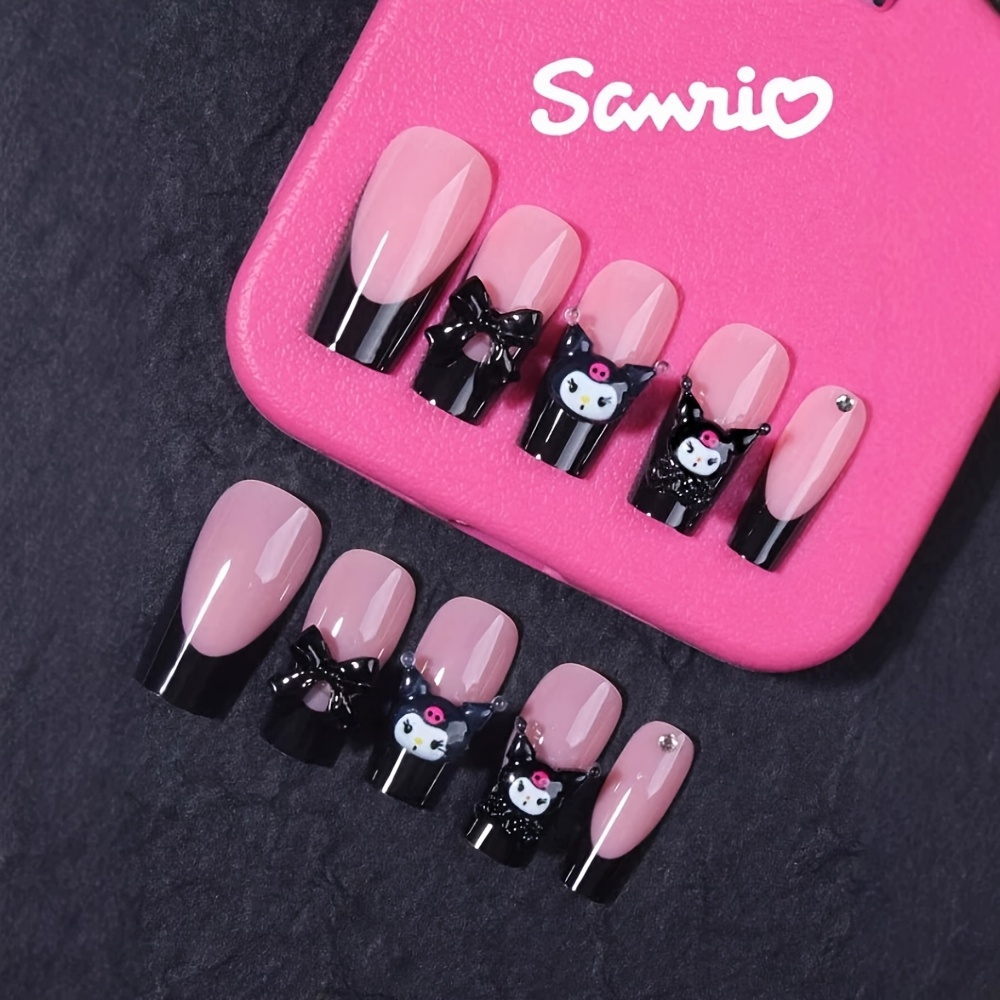 Image of 24pcs Mid-length Coffin Kuromi Press-on Nails Y2k Cute Kuromi Fake Nails Black Bowknot Design Wearable False Nails For Gift