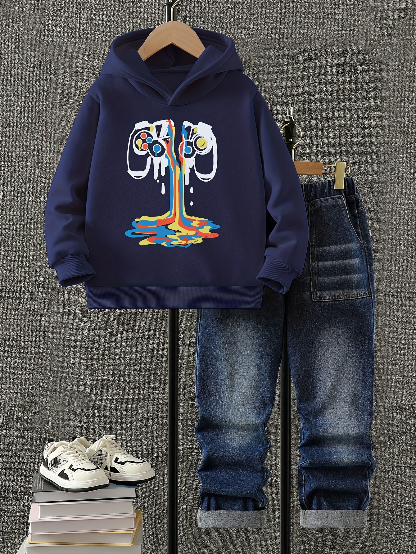 Autumn And Winter Boys' "game Controller" Creative Pattern Print Hoodie, Loose Thick Hooded Long-sleeved Sweatshirt + Fashionable Denim Pants Boys' Clothing, Casual Wear, Back-to-school Season Boys' Suit, Perfect for Outdoor - Image 2