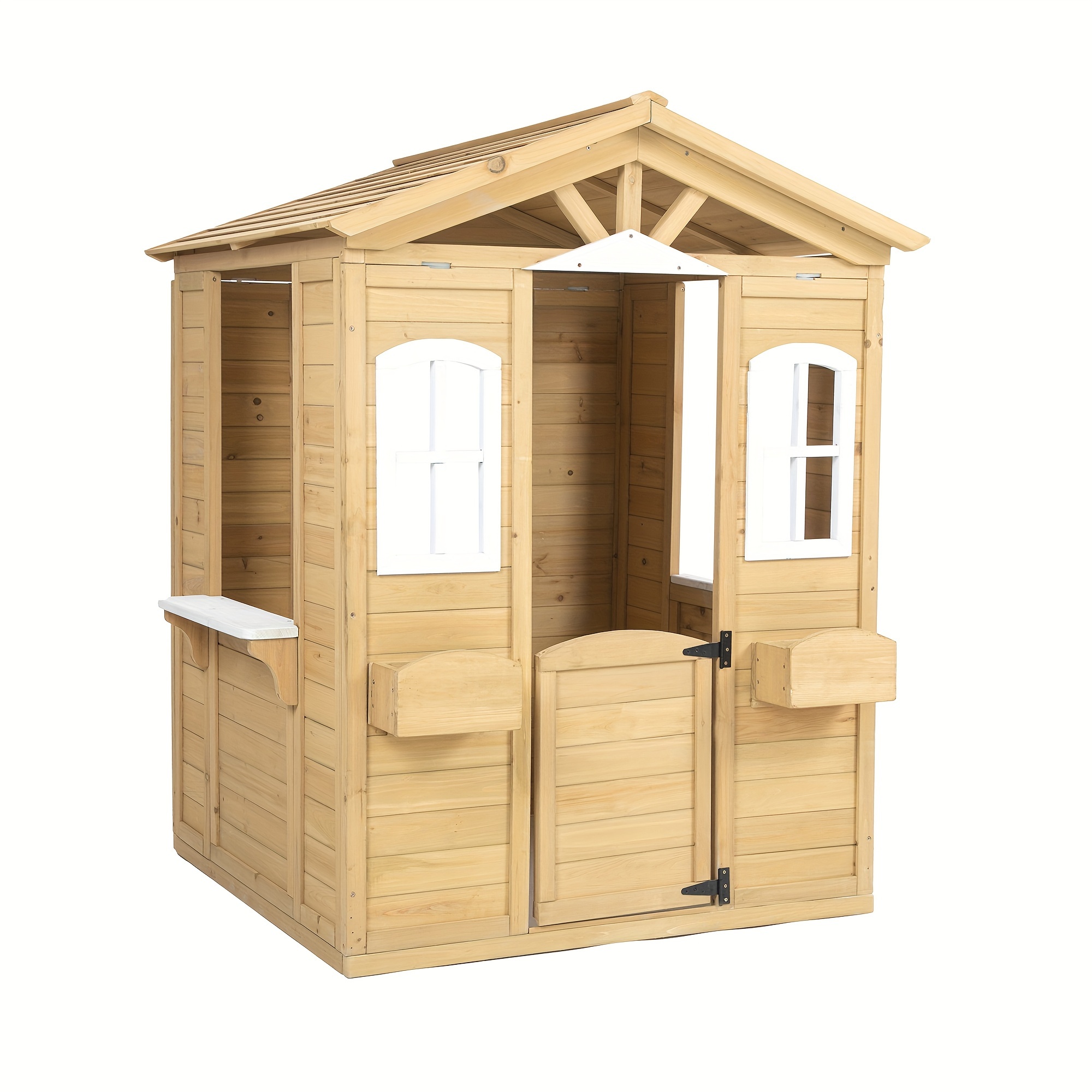 

Wooden Playhouse Outdoor With Working Door, Windows, Mailbox, Bench, Flowers Pot Holder, 39" X 38" X 55.5